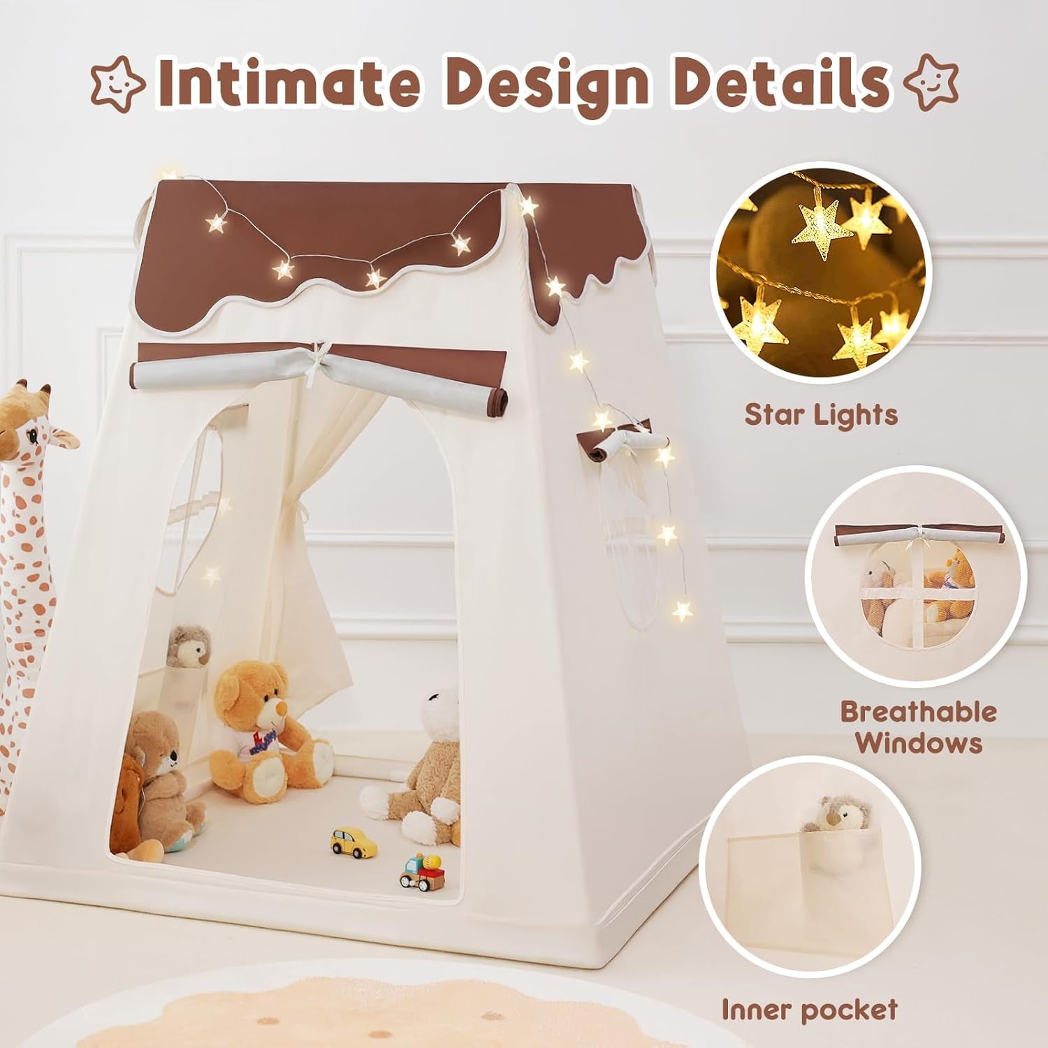 Frustum Design Kids Play Tent with Star Lights, Dual-Door Toddler Tent Indoor for Ages 4-8, Portable Toddler Playhouse Gift for Girls & Boys, Brown