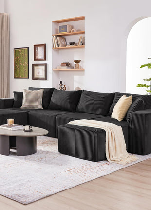 135.4" Modular Cloud Couch Sectional Sofa, Deep Seat U-Shaped Boneless Design, Plush Corduroy Convertible Couch for Living Room, Seats 6, Black