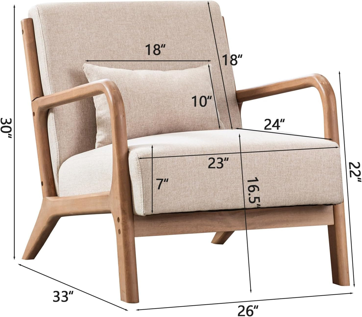 Mid Century Modern Accent Chair with Wood Frame, Upholstered Living Room Chairs with Waist Cushion, Reading Armchair for Bedroom Sunroom (Beige)