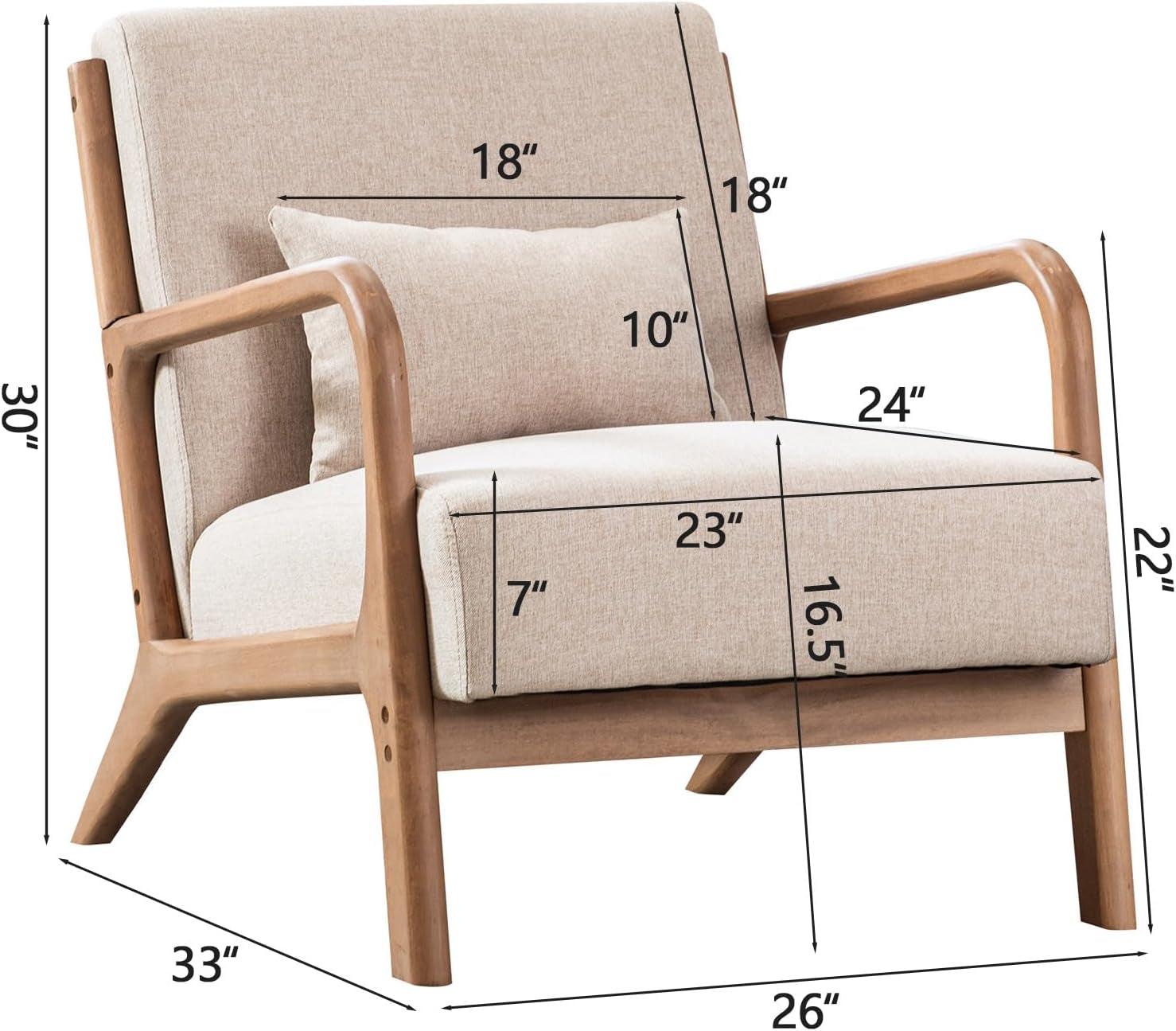 Mid Century Modern Accent Chair with Wood Frame, Upholstered Living Room Chairs with Waist Cushion, Reading Armchair for Bedroom Sunroom (Beige)