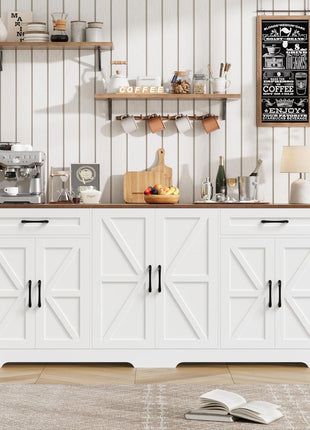 71” Large Farmhouse Sideboard Buffet Cabinet with Adjustable Shelves and 6 Barn Doors, Wood Console Table for Kitchen and Dining Room, White Finish