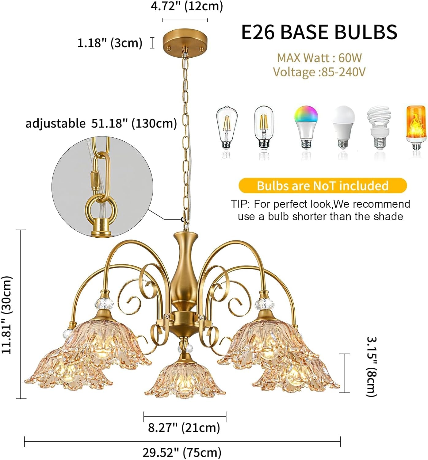 5-Light Vintage Chandeliers in Matte Brass Finish with Amber Glass Shades, Retro Chandelier Light for Dining Room,Hallway,Kitchen