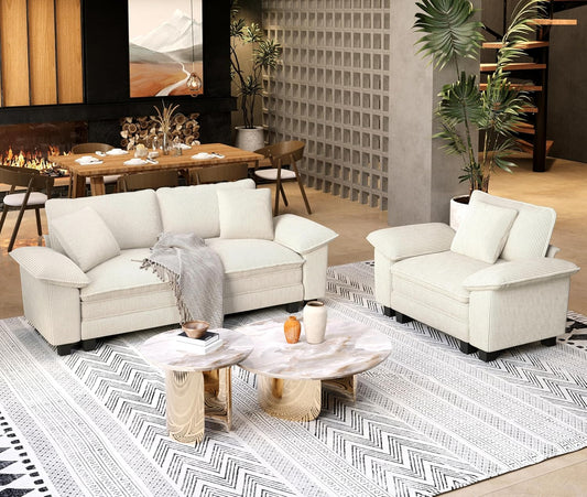 87.5'' Oversized Loveseat Couch and Chair Set, 3-Seat Corduroy Modern Modular Cloud Sofa with Pillow, 2 Piece Living Room Deep Sectional Sofa Furniture Set for Apartment, Beige