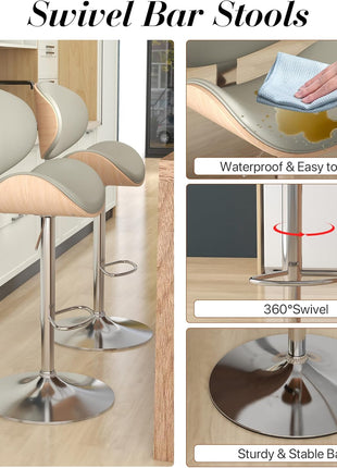 Set of 4 Adjustable Height Swivel Bar Stools with Footrest, PU Leather Upholstery and Bentwood Design for Kitchen, Bar, and Dining Room (Grey)