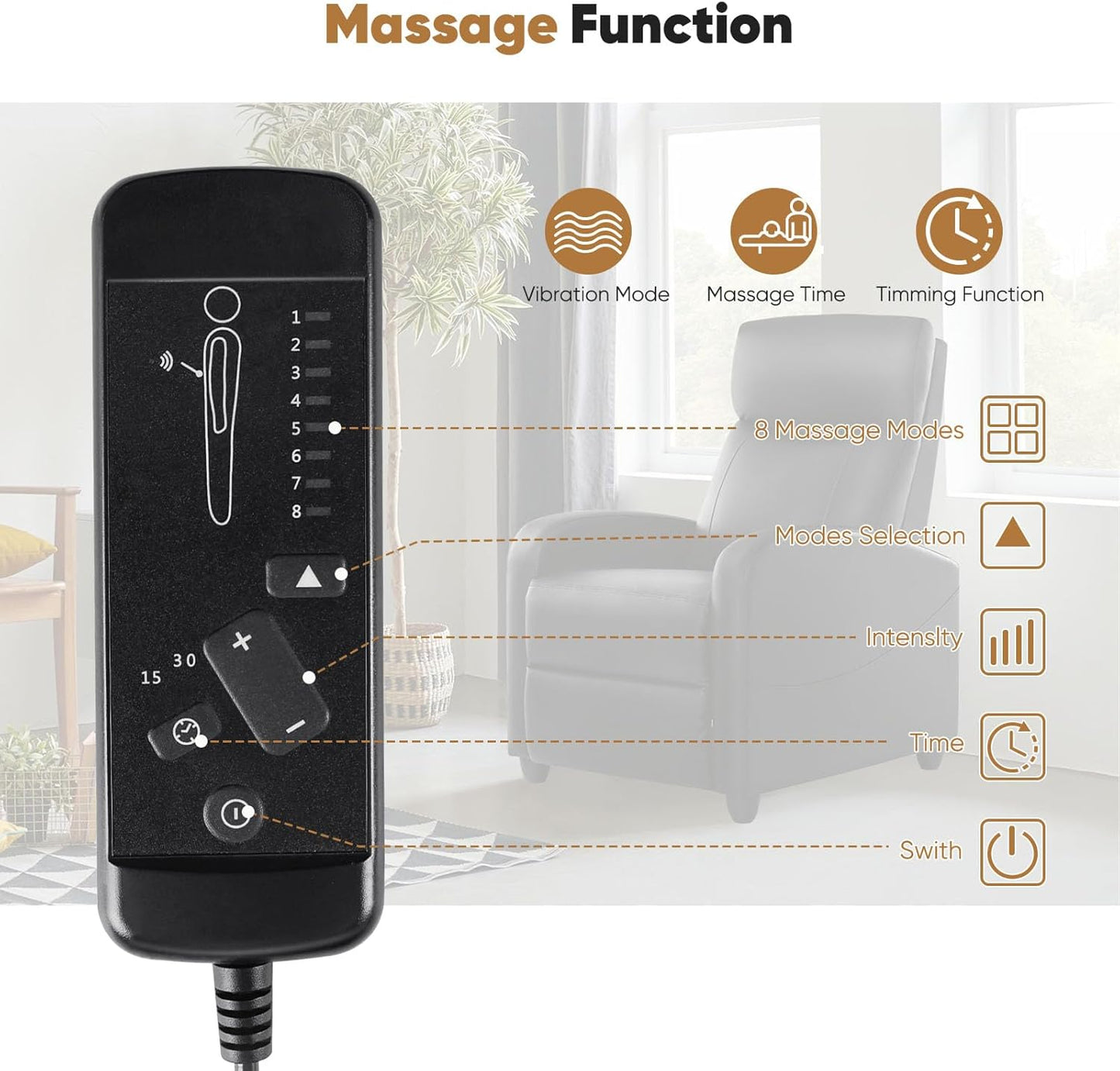 Recliner Chair for Adults, Massage Reclining Chair for Living Room, Adjustable Home Theater Seating Single Sofa with PU Leather Padded Seat Backrest and Footrest, Modern Black