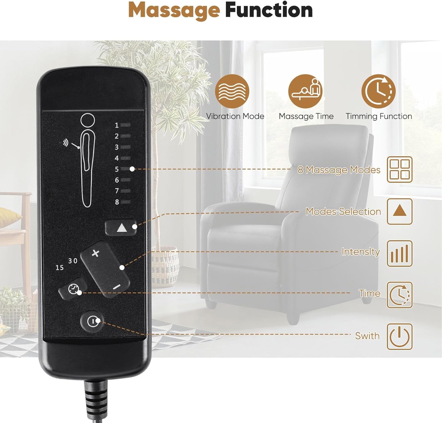 Recliner Chair for Adults, Massage Reclining Chair for Living Room, Adjustable Home Theater Seating Single Sofa with PU Leather Padded Seat Backrest and Footrest, Modern Black