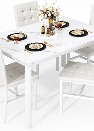 Contemporary Dining Table Set for Four with Faux Marble Surface and Leather Upholstered Chairs, Perfect for Compact Areas, White Finish