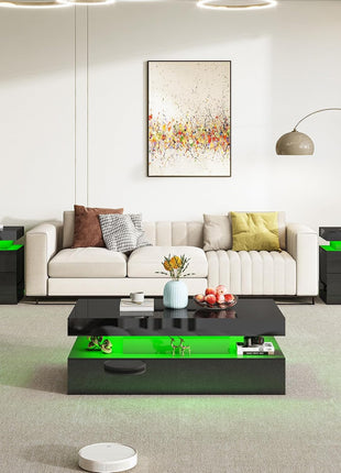 Chic Black 3-Piece LED Coffee Table Set with Charging Stations for Modern Living Spaces