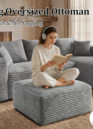 Oversized Foam Support Corduroy Ottoman for Living Room and Bedroom in Light Gray - No Assembly Required