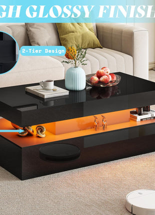 Chic Black 3-Piece LED Coffee Table Set with Charging Stations for Modern Living Spaces