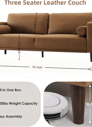 79-Inch Mid-Century Modern Faux Leather Sofa Couch with Deep Seats, Cloud Cushions, and Two Pillows - 3-Seater Loveseat for Living Room, Office, Bedroom, or Apartment in Brown