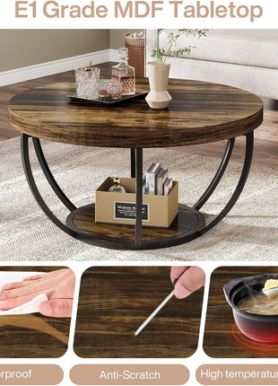 31.7-Inch Round Wooden Coffee Table with Dual-Tier Storage Shelves, Modern Rustic Accent Table for Living Room in Brown Finish