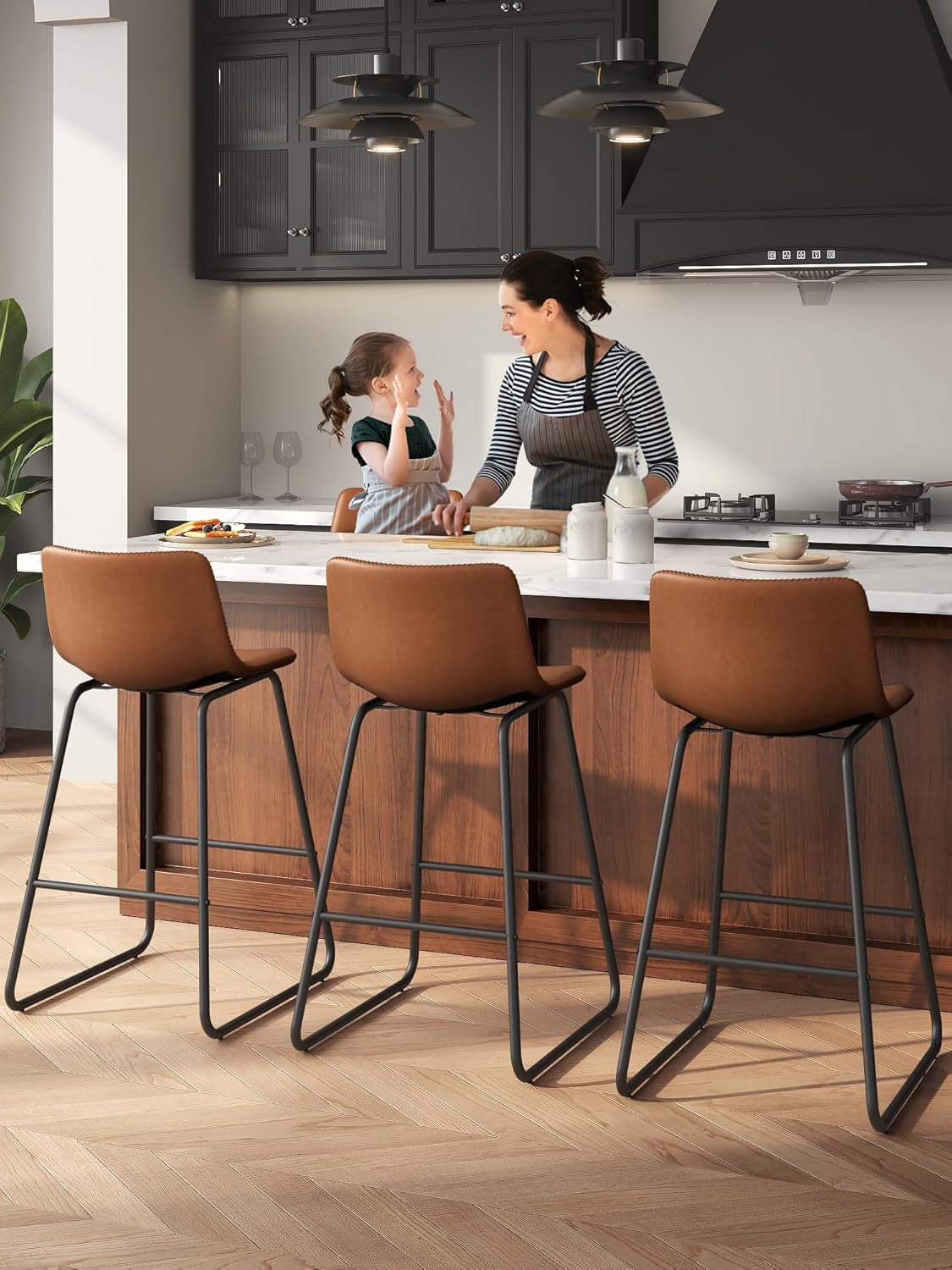 Bar Stools Set of 3, 26 Inches Counter Height Bar Stools with Back, Modern Faux Leather Barstools with Metal Legs and Footrest, Bar Chairs for Kitchens Island (Dark Brown)