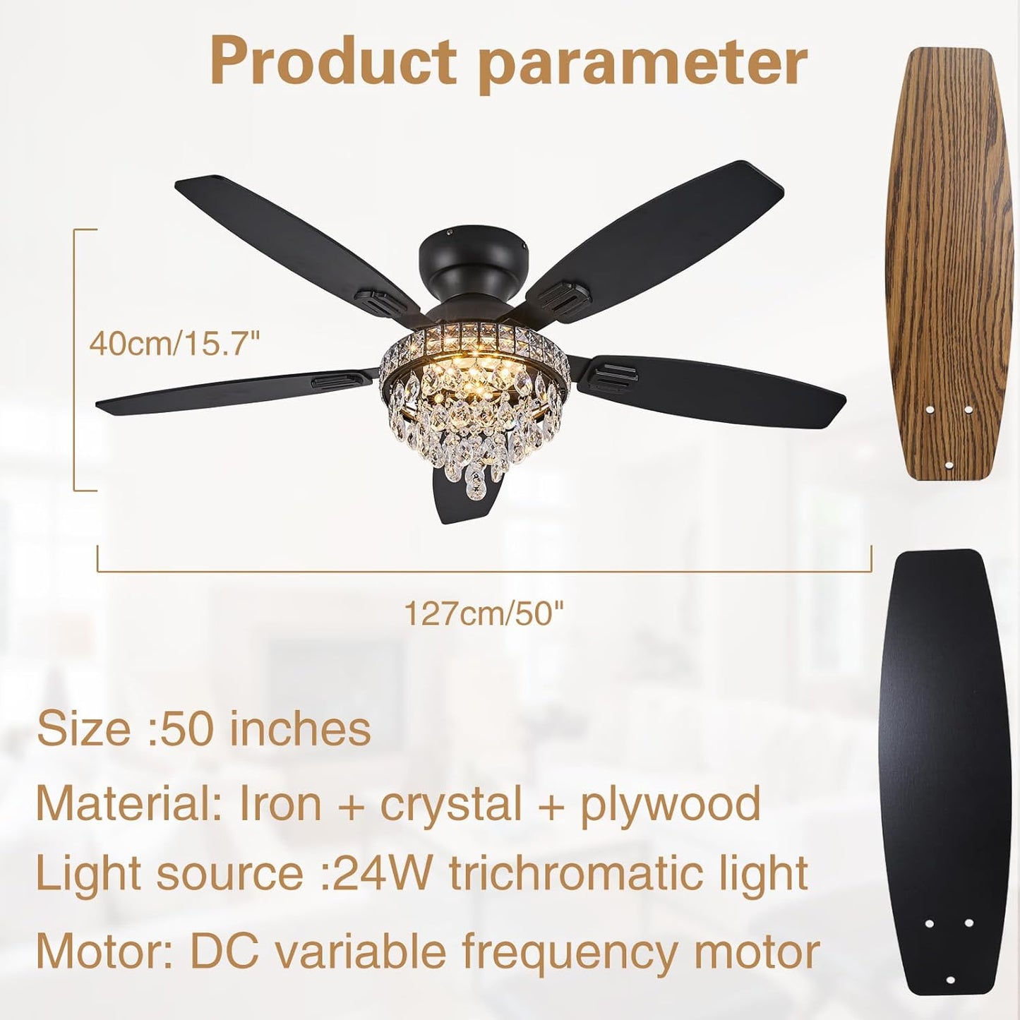 Crystal Ceiling Fan Fandelier with Lights-Ceiling Fans with Lights,50" Low Profile and Remote Control, Flush Mount, Reversible, Dimmable, Noiseless, Black Ceiling Fan for Bedroom