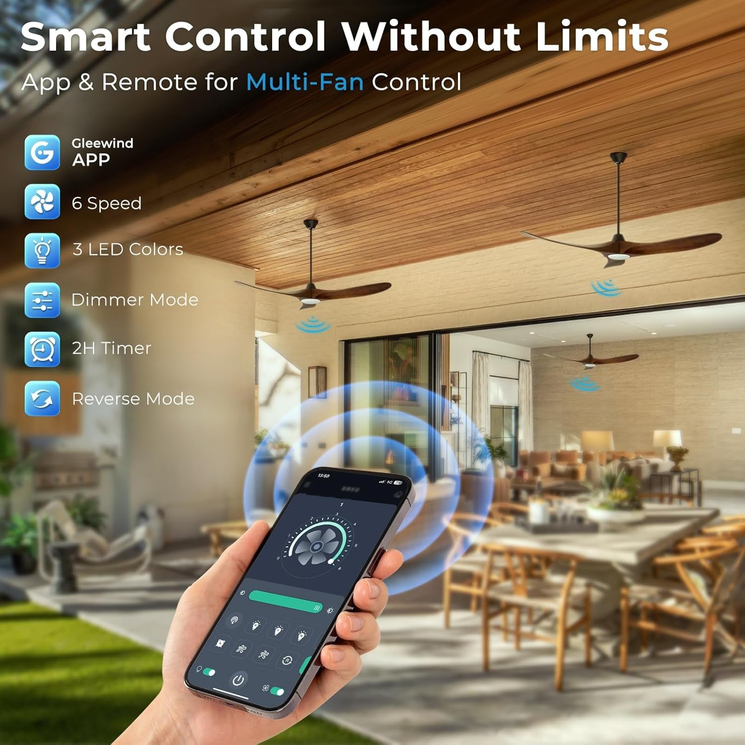 60 Inch Outdoor Ceiling Fan with Light-Glass Lamp, 3 Blade Wood Propeller Ceiling Fans with Lights and Remote Control for Patios, Exterior Damp Rated High CFM Ceiling Fans Modern Smart APP