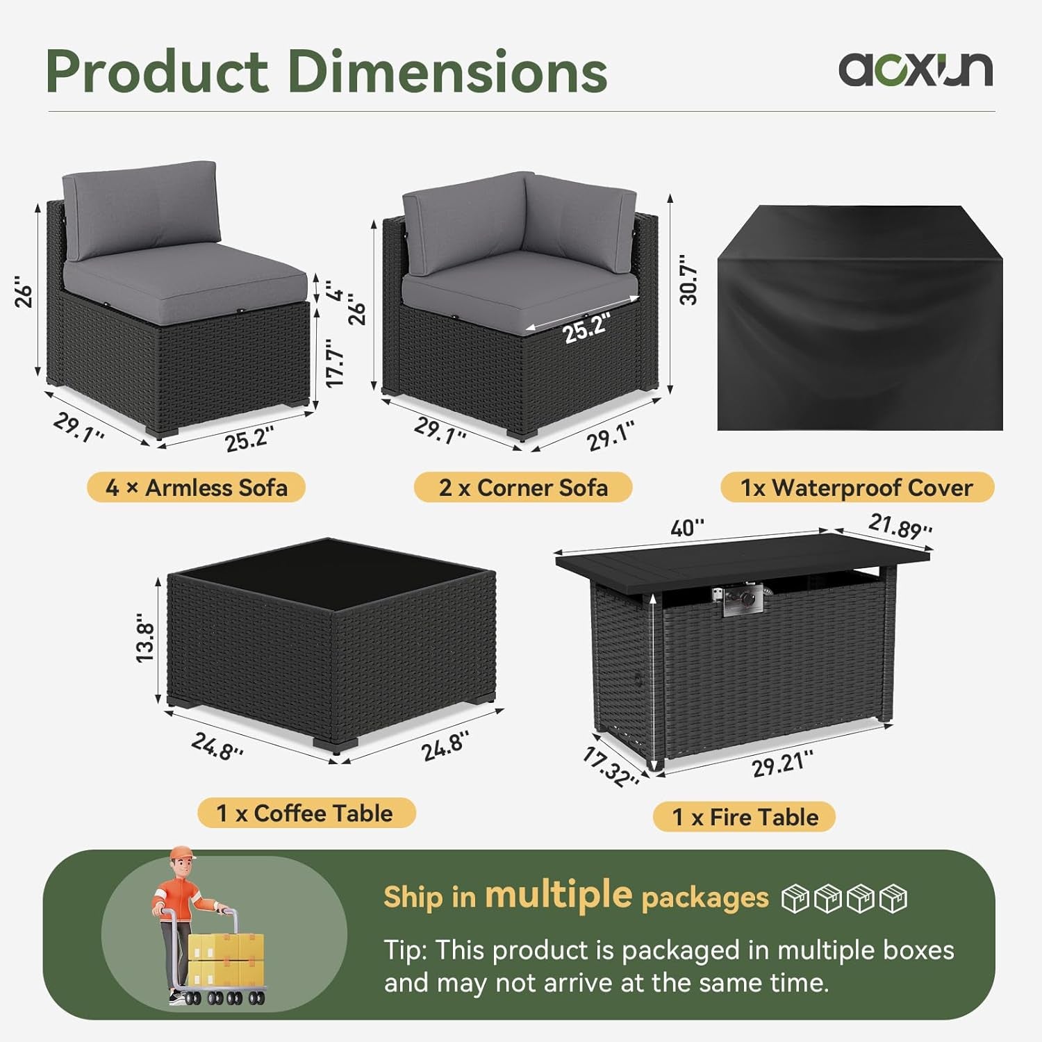 8 Piece Patio Furniture Set with 44” Fire Pit Table Wicker Rattan Patio Sectional Sofa Set Outdoor Seating Furniture with Thickened Cushion, Grey