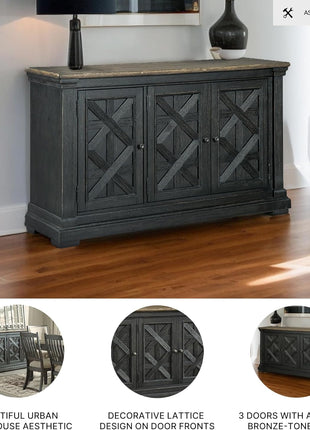 Tyler Creek Vintage Casual Dining Room Buffet Cabinet by Signature Design by Ashley, Featuring Lattice Design, Three Doors, Wood Construction, 36" Height, Black and Gray Finish