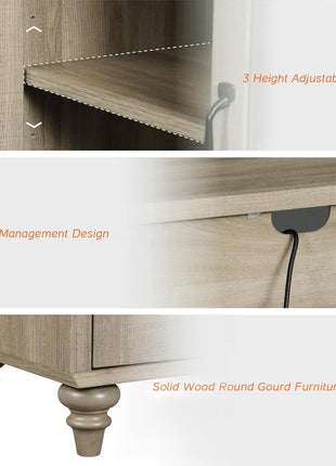 Farmhouse End Table Set of Two - Spacious Mid-Century Modern Wooden Bedside Tables with Glass Doors, Perfect for Living Room and Bedroom, Wash Grey Finish