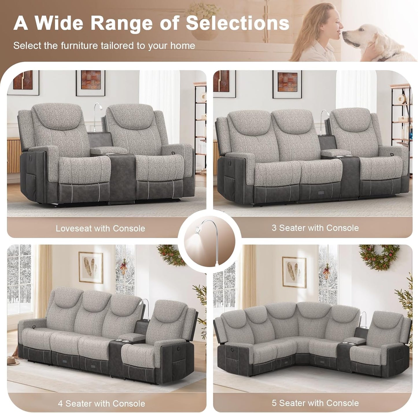 Loveseat Recliner Sofa, Manual Reclining Loveseat with Reading Light, Chic Blend Style Sofa, Storage Console, Cup Holders, USB Ports, Fabric & PU Leather, Recliner Couch for Living Room/Rv