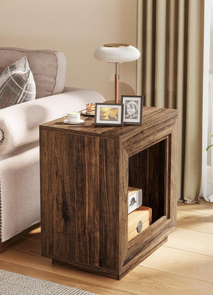 Rustic Wood End Table with Storage Shelf - 2-Tier Square Side Table for Living Room and Entryway (Rustic Brown)