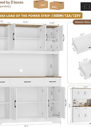 71-Inch Large Pantry Cabinet with Integrated Charging Station, 55-Inch Wide Kitchen Storage Solution Featuring Drawers and Power Outlet, Tall Kitchen Hutch with Countertop in White