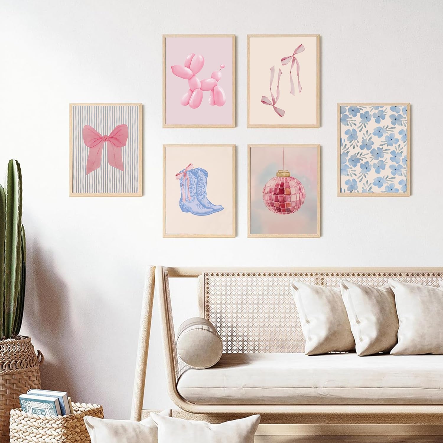 Blue and Pink Preppy Poster Set of 6 Cute Coquette Bow Boots Wall Art Aesthetic Coastal Wall Art, Trendy Girls Dorm Decor Cute Pink Bows Wall Decor for Bedroom Living Room Unframed 8X10 Inch