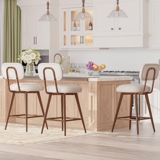 26“ PU Leather Swivel Bar Stools Set of 3, Mid Century Counter Height Bar Chairs with Low Back and Metal Legs, Modern Bar Stool Chair for Kitchen Island, Beige