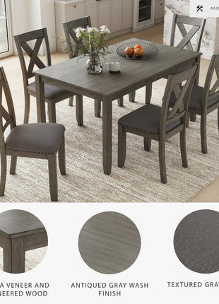 Caitbrook Rustic 7-Piece Dining Set by Signature Design by Ashley - Rectangular Table with Six X-Back Upholstered Chairs in Gray