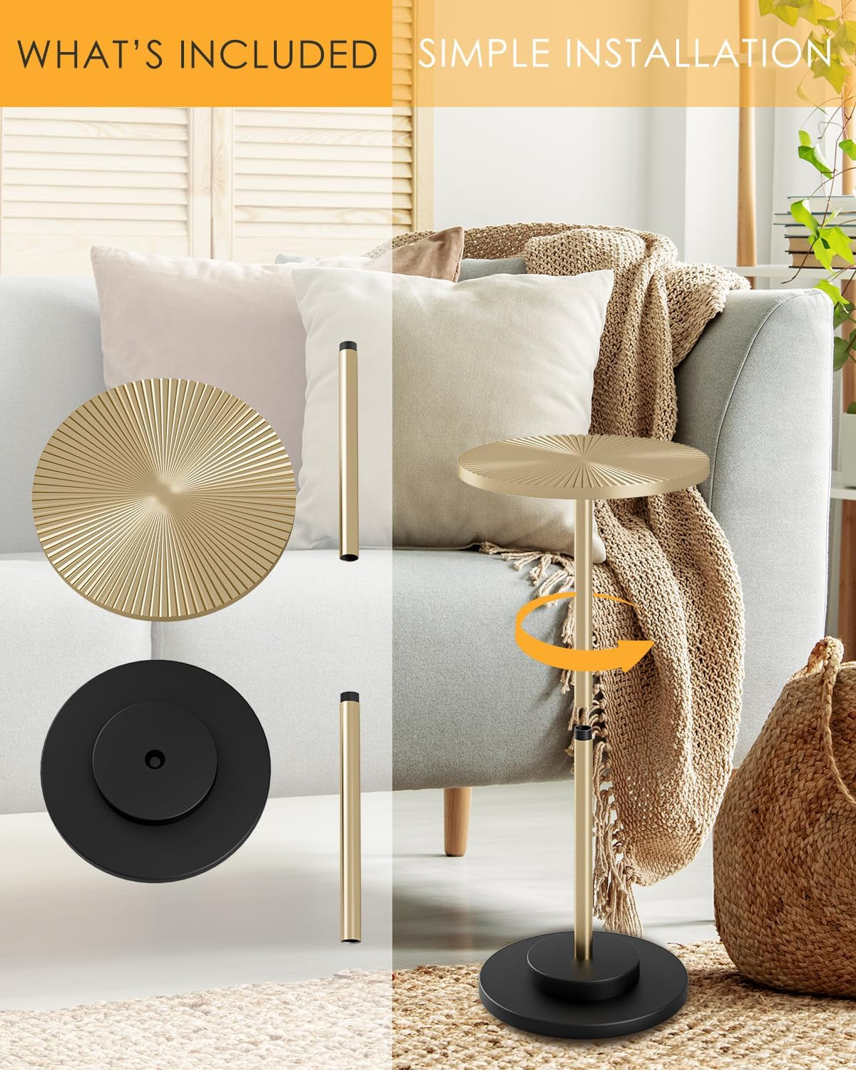 Round Side Table, Small Drink Table for Small Spaces, Modern Accent End Table with Metal Leg for Living Room, Bedroom, Corners, and Office (Gold)