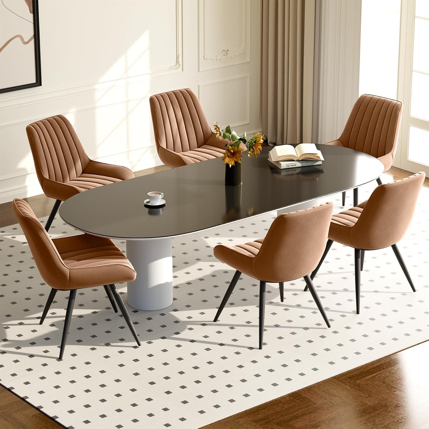 Modern Dining Chairs Set of 6,Upholstered Dining Room Chairs with Thick Cushions,Fabric Comfy Dining Chairs with Metal Legs for Dining Room Brown