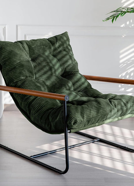 Contemporary Upholstered Accent Chair with Metal Frame and Wooden Armrests, Perfect for Living Room, Bedroom, Balcony, and Reading Nook, Dark Green