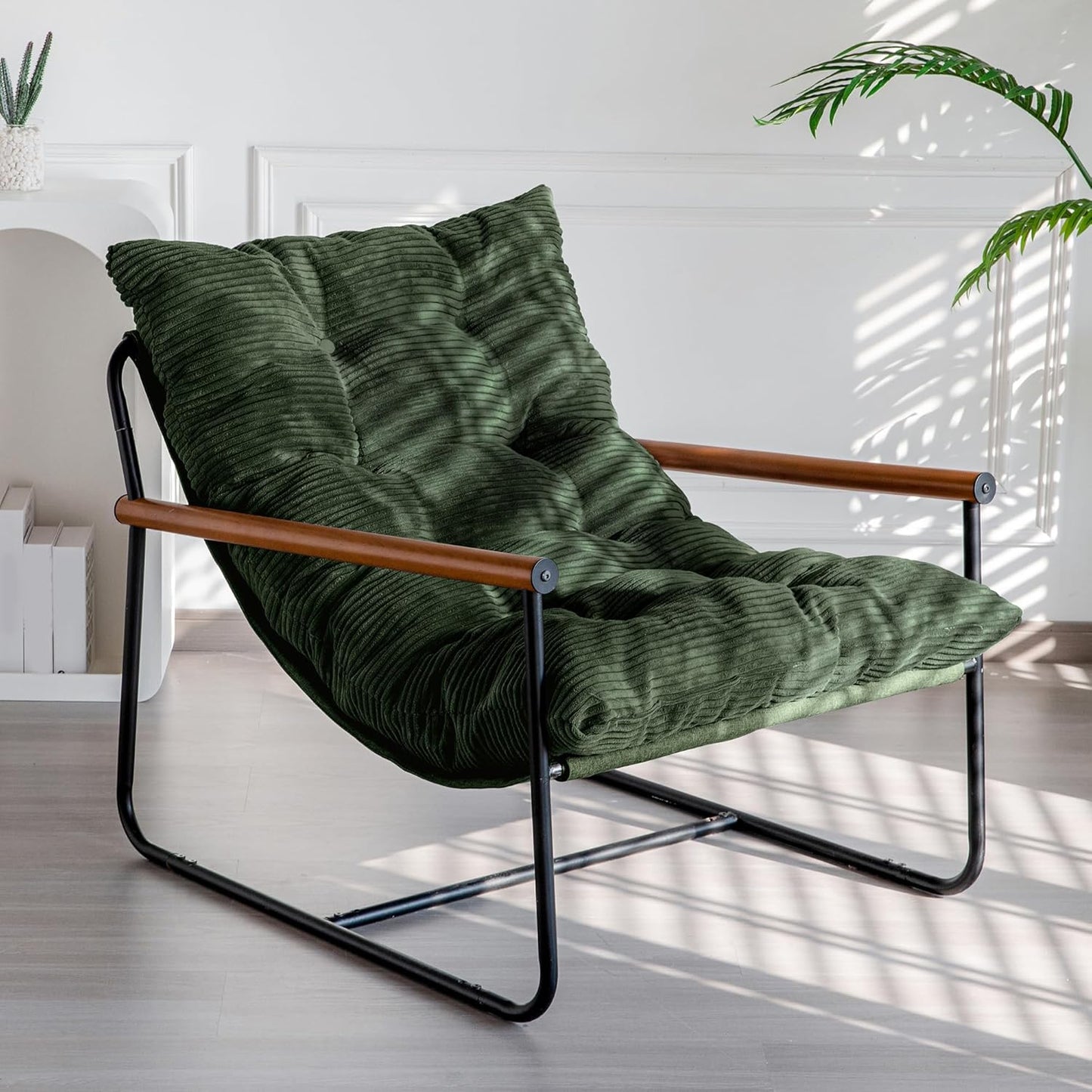 Modern Accent Chair, Comfy Living Room Chair with Metal Frame Wooden Armrest, Upholstered Armchair with Soft Cushion for Bedroom Balcony Lounge Reading Room, Dark Green