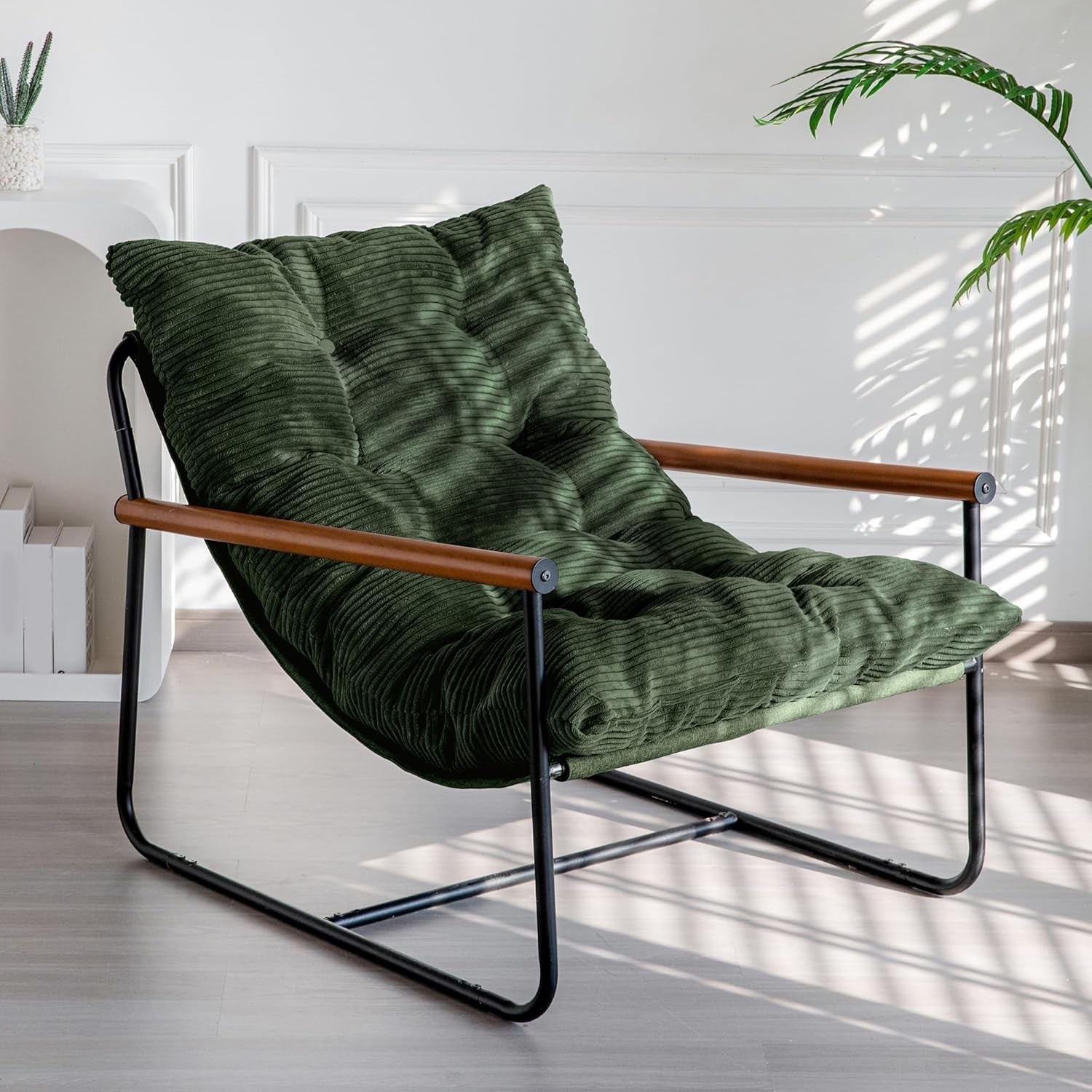 Modern Accent Chair, Comfy Living Room Chair with Metal Frame Wooden Armrest, Upholstered Armchair with Soft Cushion for Bedroom Balcony Lounge Reading Room, Dark Green