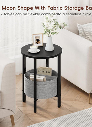 Set of 2 Contemporary Half Moon Accent Tables with Storage Baskets, Black, Perfect for Living Room and Bedroom Decor