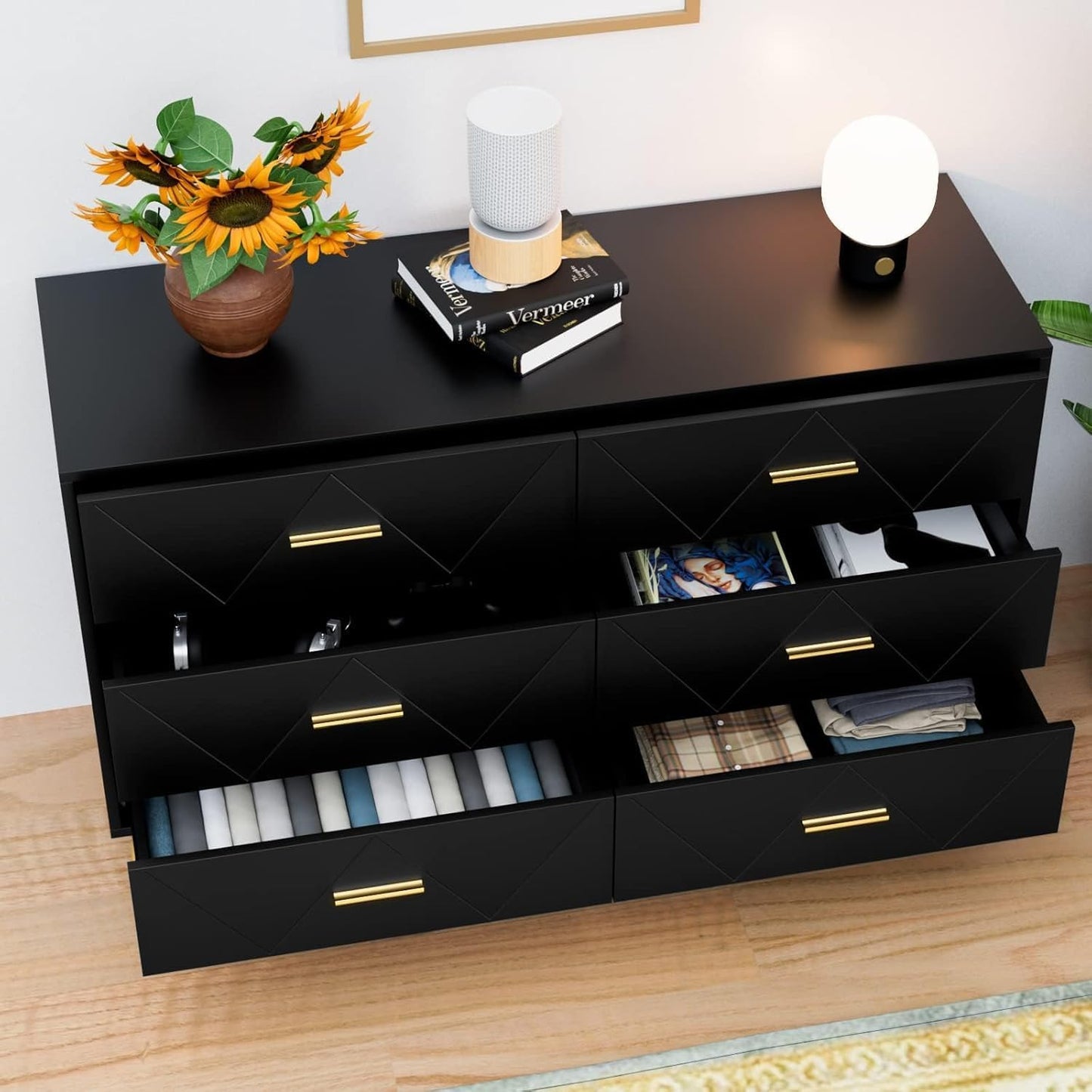 3 Pcs Bedroom Sets, Large 6 Drawer Dresser and Night Stand Sets for Bedroom, Two Drawers Nightstand Set of 2 & 6 Drawer Dresser 3 Pieces (Black)