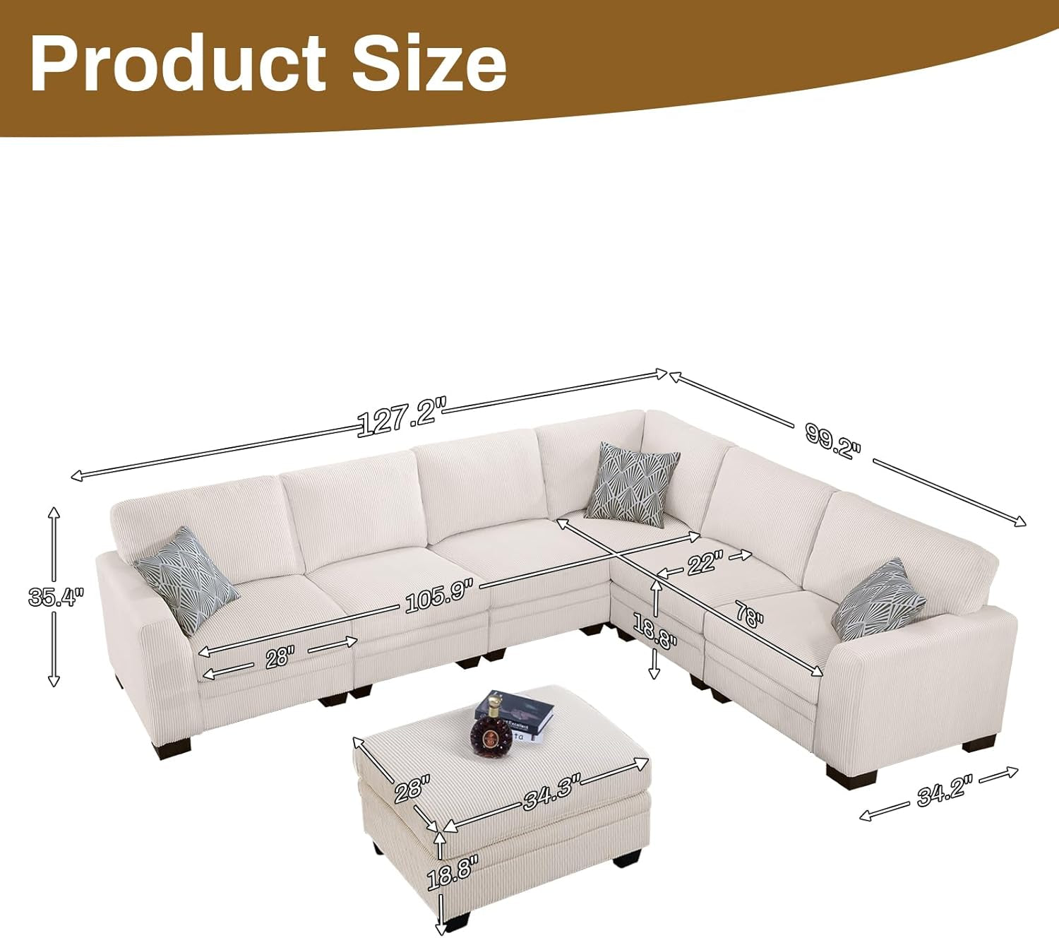 Oversized Modular Sectional Sofa,7 Seat U Shaped Couch with Ottoman,Corduroy Sofa with Deep Seat,Convertible Large Sectional Couches for Living Room(Cream, L-7)