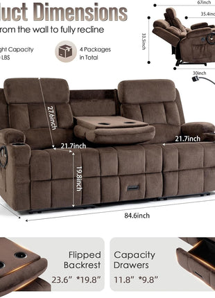Oversized 3-Seater Loveseat Recliner Sofa with Flip-Down Middle Backrest, Storage Drawer, Dual Manual Recliners, USB Ports, Cup Holders, and Phone Holders in Brown