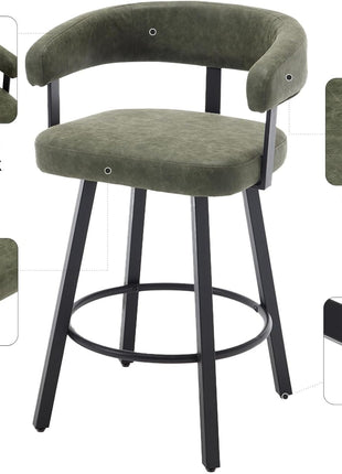 Contemporary Set of 2 Green Counter Height Bar Stools - Upholstered Leather with Metal Legs and Footrest, Perfect for Dining Rooms, Home Bars, Kitchen Islands, and Pubs, 25 Inch