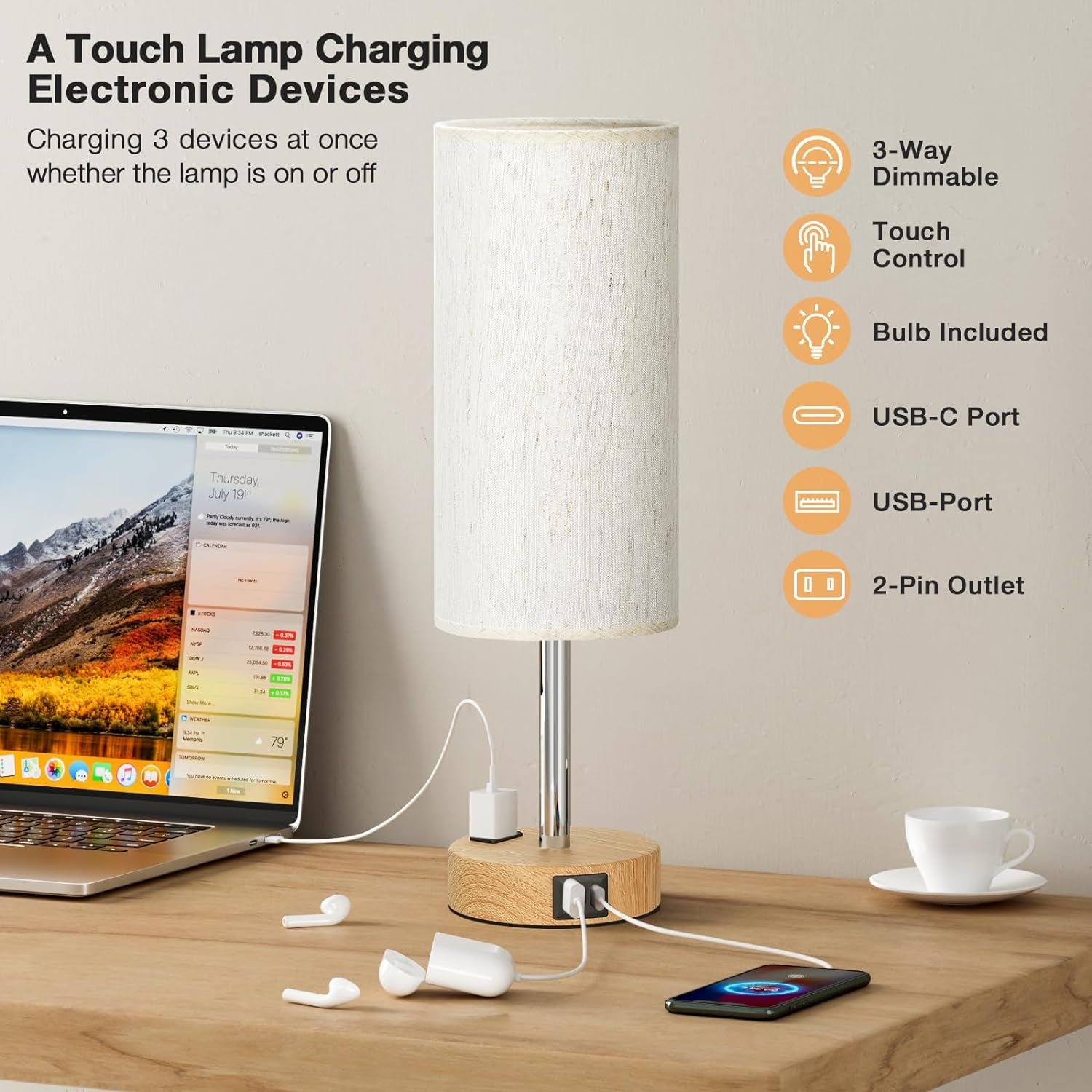Bedside Table Lamp for Bedroom - 3 Way Dimmable Touch Lamp USB C Charging Ports and AC Outlet, Small Lamp Wood Base round Flaxen Fabric Shade for Living Room, Desk, LED Bulb Included