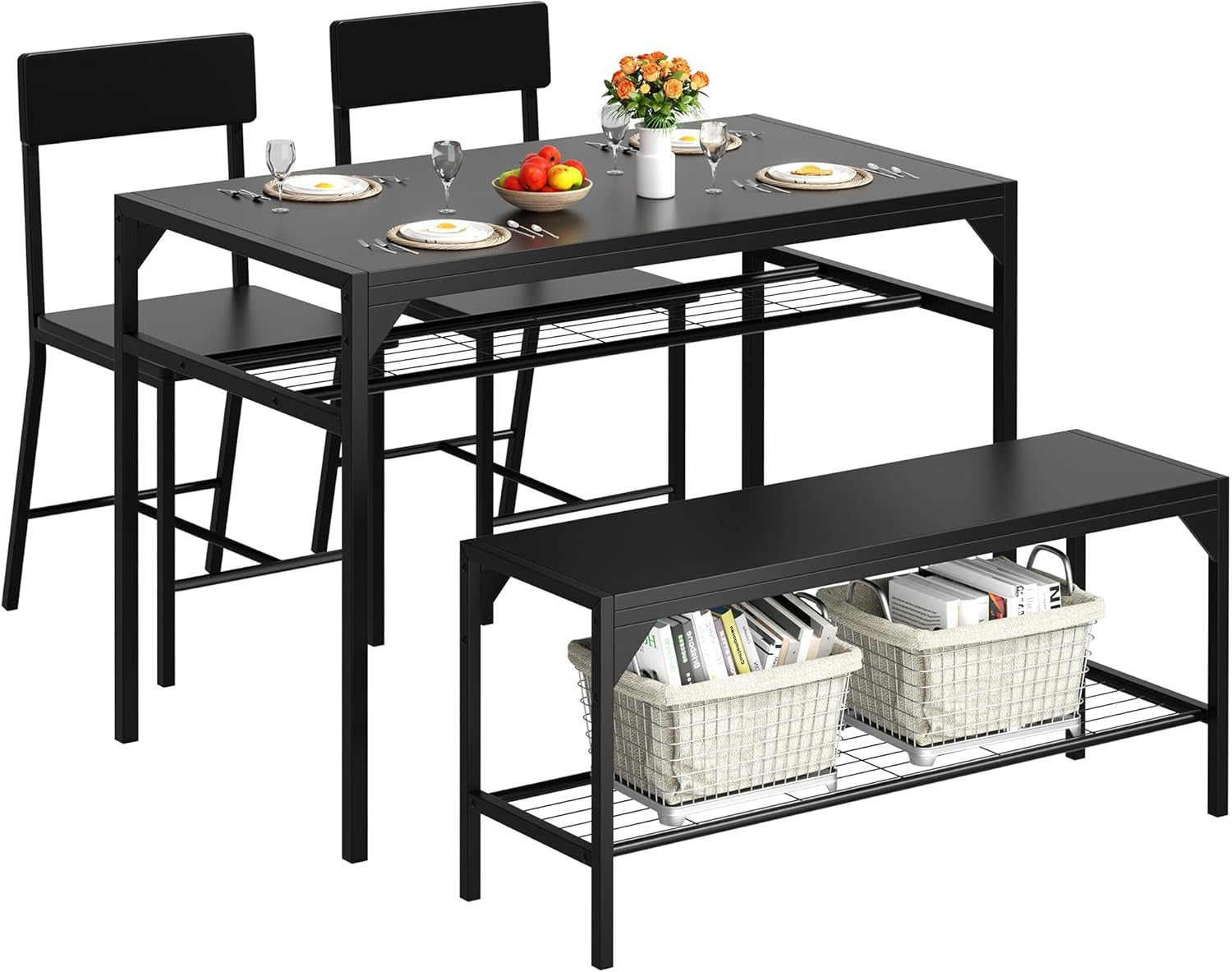 Kitchen Table Chairs Set of 4, Dining Table Set for 4 with Bench and Chairs, 4 Pieces Kitchen Table Set with Storage Rack & Metal Frame for Small Space, Solid Black