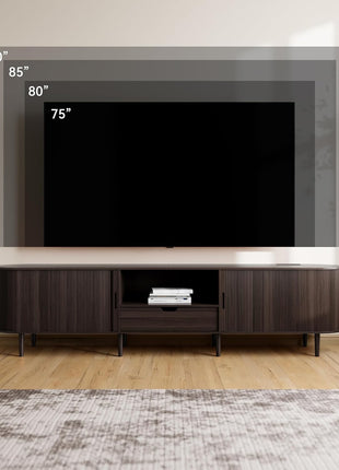 86.6-Inch Mid-Century Modern Fluted TV Stand with Power Outlet for TVs up to 90", Adjustable Shelves, and Sliding Door in Dark Walnut Finish