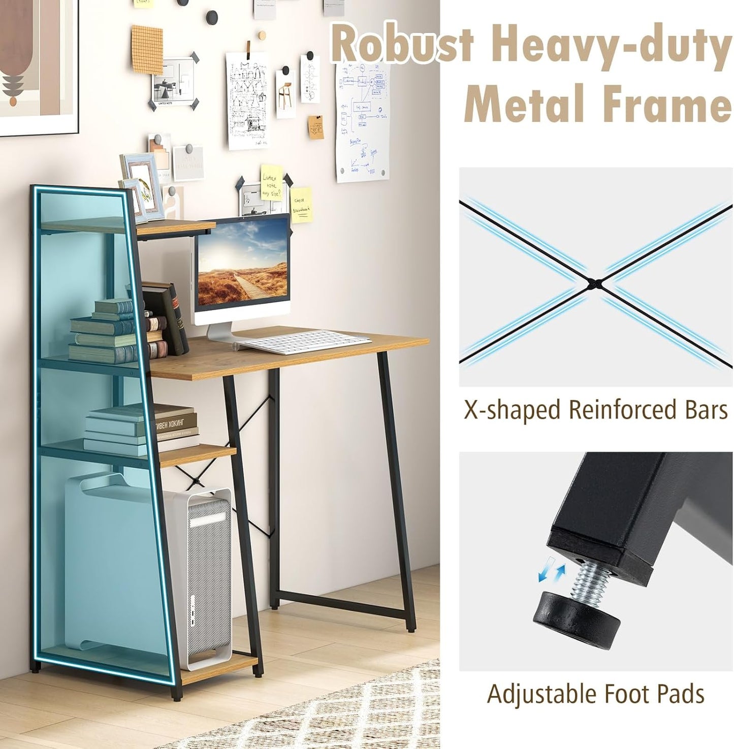 Computer Desk with 4-Tier Storage Shelves, Home Office Desk Writing Table with Sturdy X-Shape Frame, Adjustable Foot Pads, Modern Small Study Desk, Wide Tabletop (Natural and Black)
