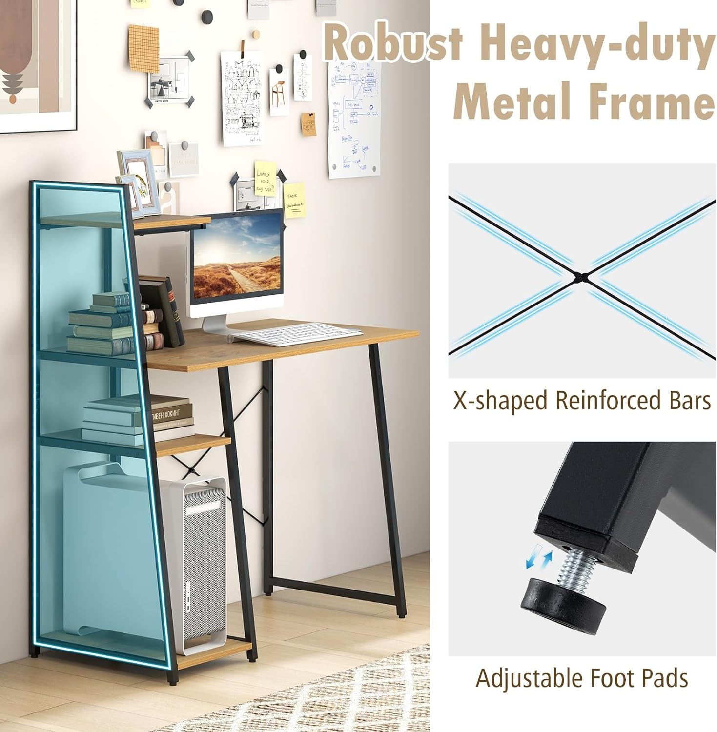 Computer Desk with 4-Tier Storage Shelves, Home Office Desk Writing Table with Sturdy X-Shape Frame, Adjustable Foot Pads, Modern Small Study Desk, Wide Tabletop (Natural and Black)