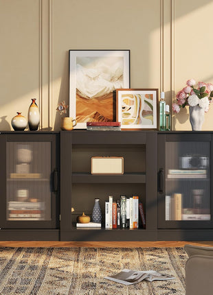58-Inch Farmhouse TV Stand for 65-Inch Televisions, Entertainment Center with Storage Cabinets and Open Shelves, Black Finish for Living Room and Bedroom