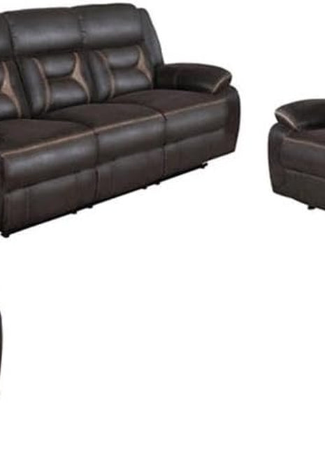 3-Piece Dark Brown Faux Leather Motion Living Room Set with Reclining Sofa, Glider Loveseat with Console, and Glider Recliner with Built-In Cup Holders, Storage, and Power Outlets