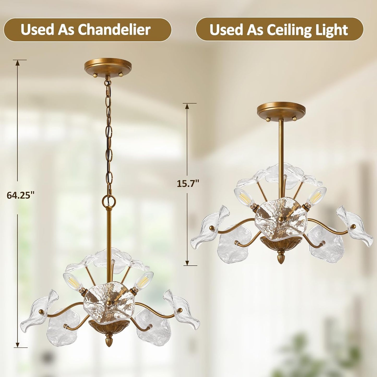 Modern Gold Chandelier,Vintage Brass Flower Glass Pendant Light Fixture,Mid Century Ceiling Light Fixture for Dining Room, Kitchen, Living Room, Bedroom Hallway Porch,3 Lights