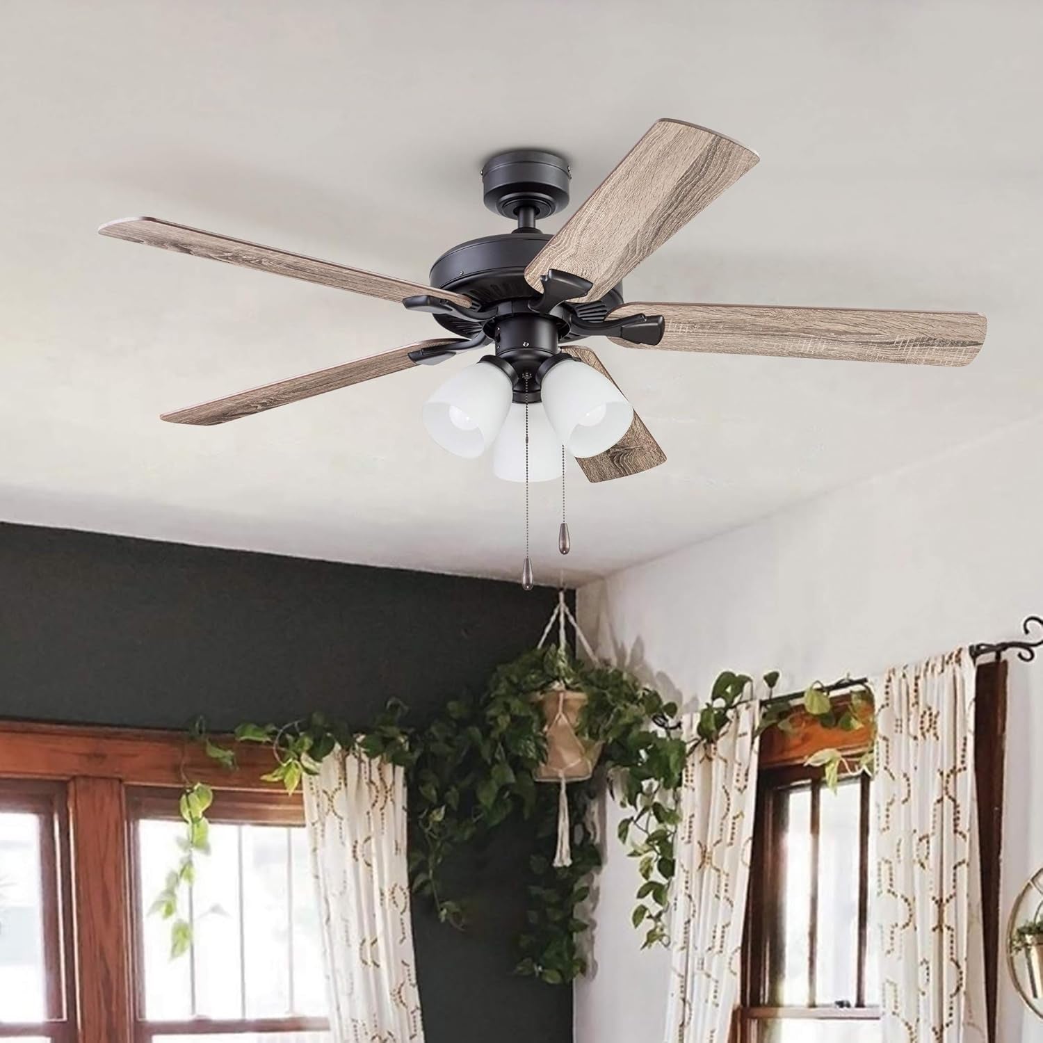 Ceiling Stannor 52" Bronze Indoor Fan with Frosted 3 Light LED Multi Arm E26/A15 Bulb and Pull-Chains, Traditional Style, 5 Reversible Barnwood/Northern Ebony Blades, 51434