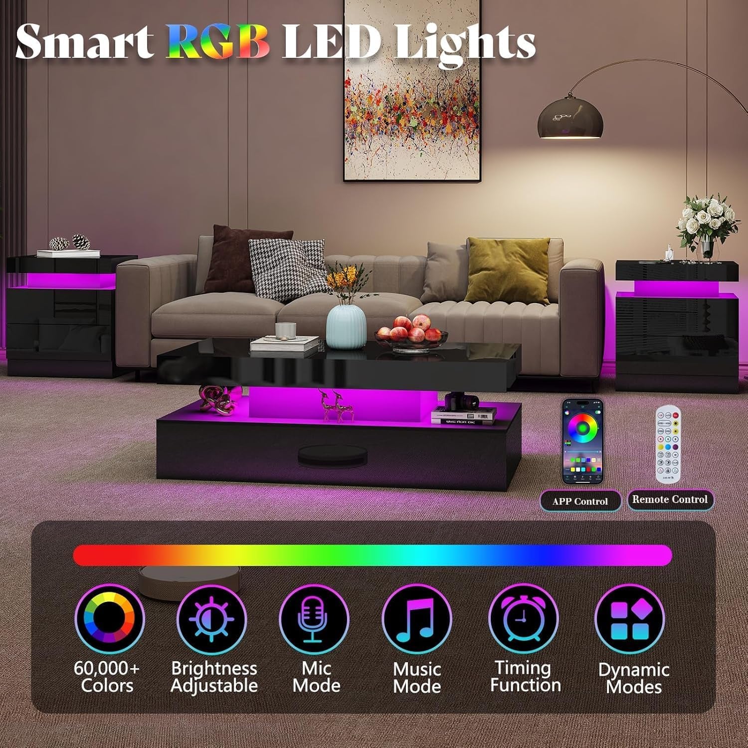 3-Piece High Gloss Living Room Table Set, Includes Modern LED Coffee Table with 2-Tier Design and 2 Matching Nightstands with Charging Station, Black