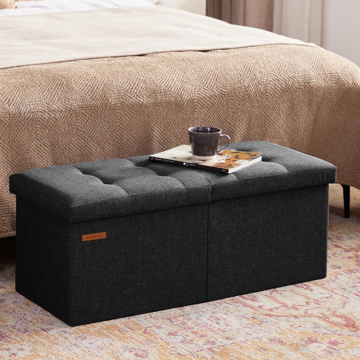 31.5 Inches Ottoman with Storage, Folding Ottoman Bench Small Foot Rest Stool, Bedroom Bench with Flipping Lid, Linen Black