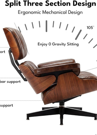 Mid-Century Modern Top Grain Leather Chaise Lounge Chair and Ottoman, Classic Accent Seating for Living Room and Office, Retro Aged Leather with Walnut Finish